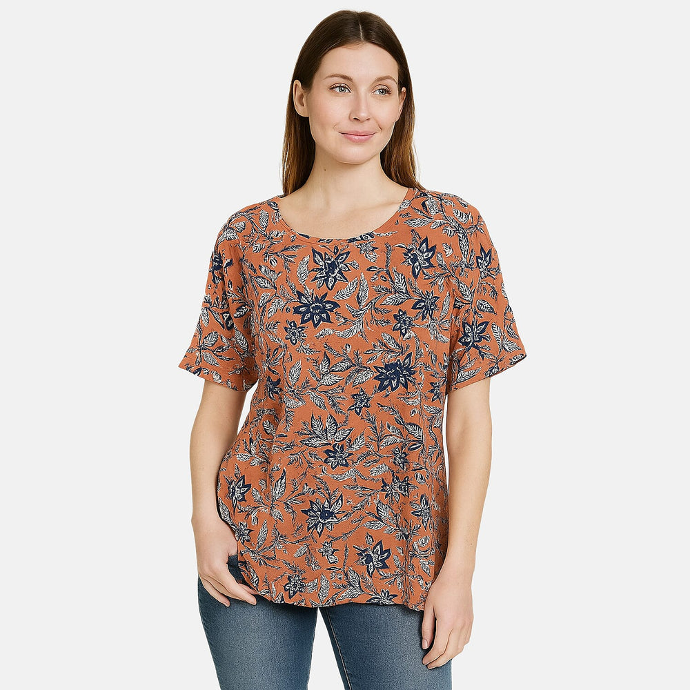 Sugar Crisp Floral Print Short Sleeve Casual Round Neck Top (Size S) - Coral