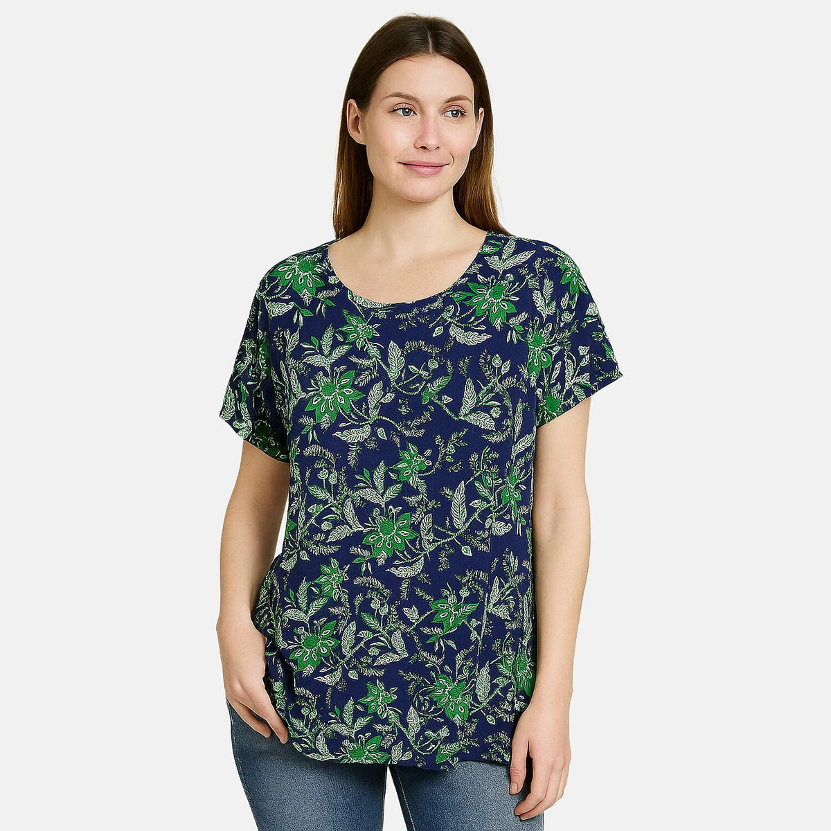 Sugar Crisp Floral Print Short Sleeve Casual Round Neck Top (Size S) - Green