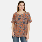 Sugar Crisp Floral Print Short Sleeve Casual Round Neck Top (Size S) - Turquoise