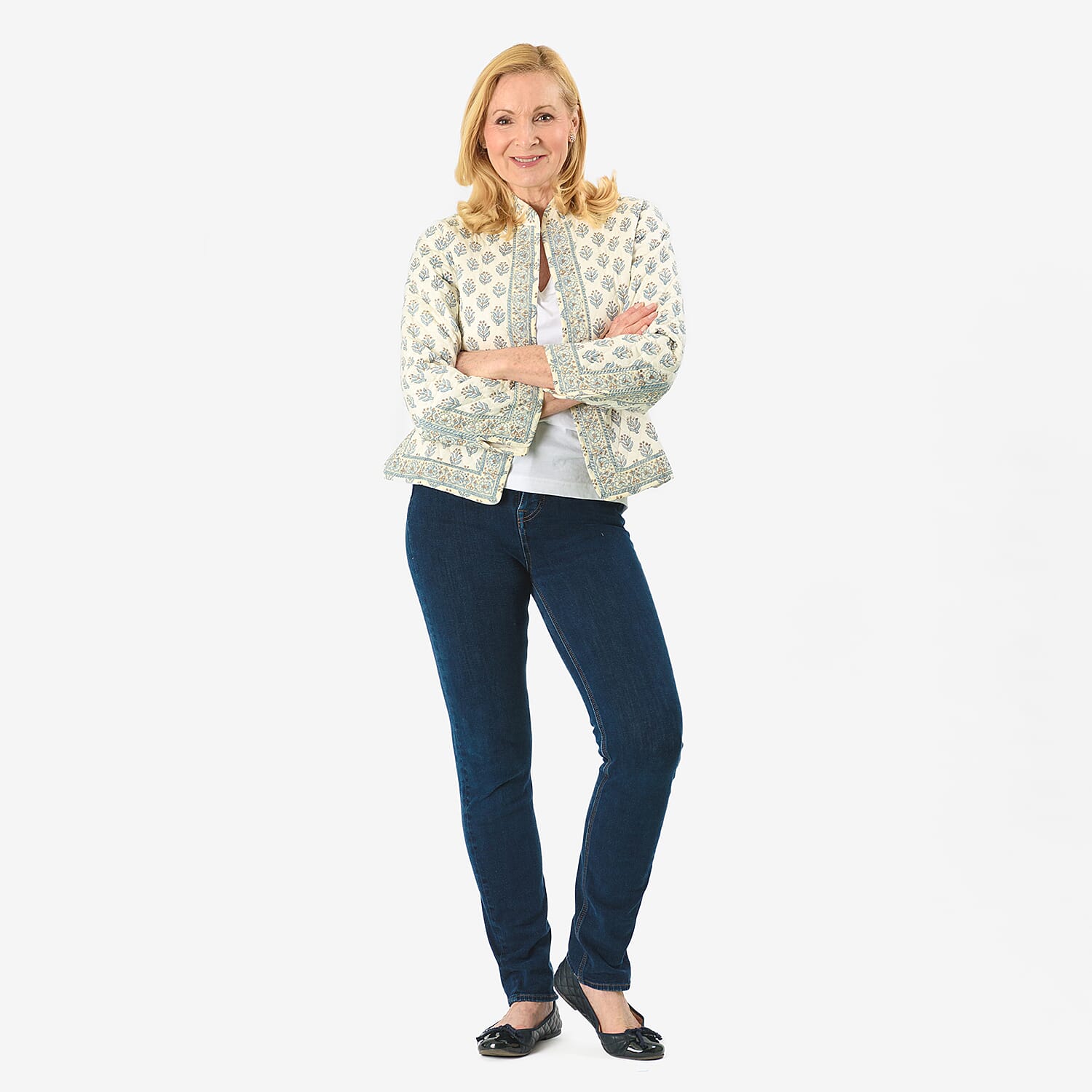 Sukriti 100% Cotton Hand Block Print Quilted Jacket (Size M) - White Base with Blue Details