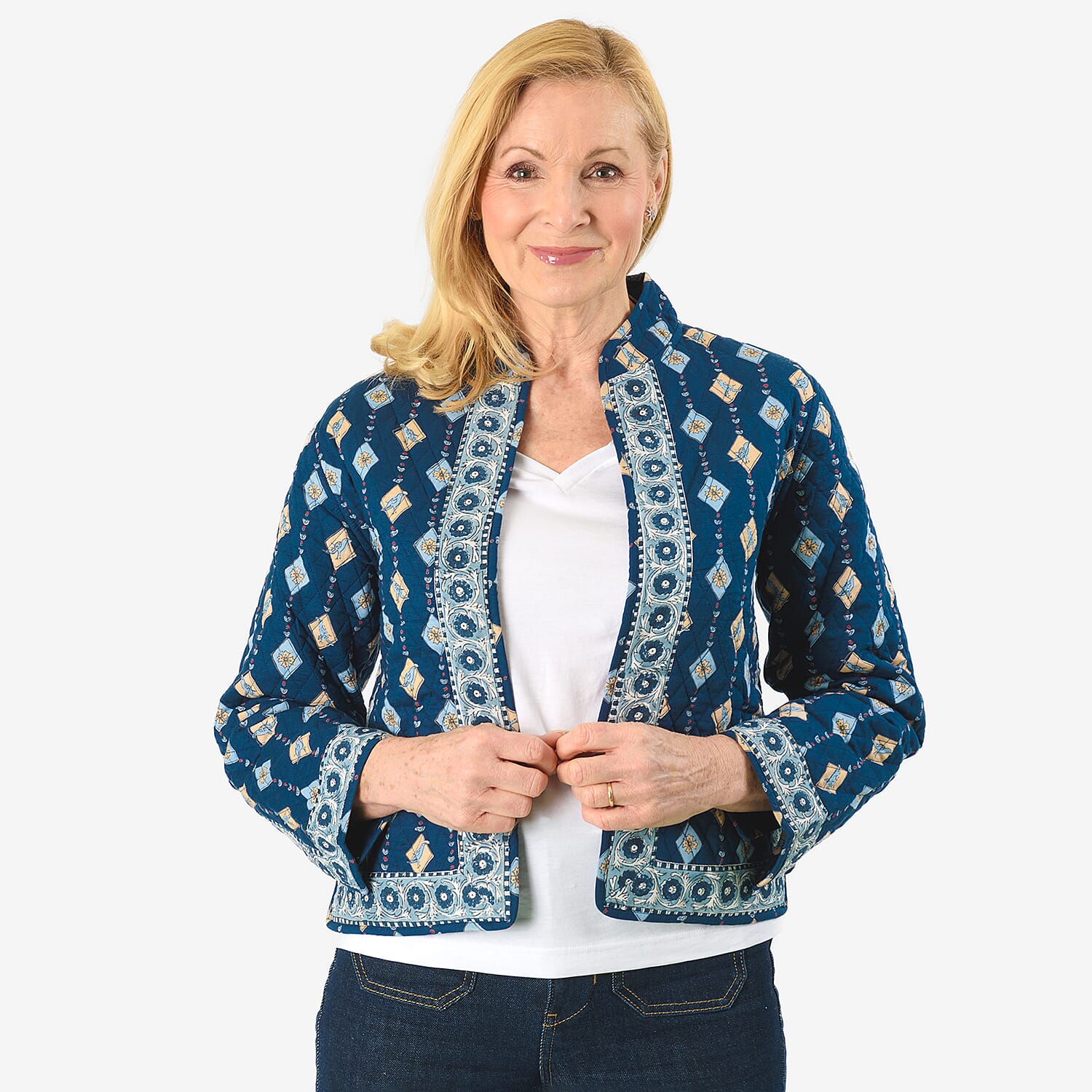 Sukriti 100% Cotton Hand Block Print Quilted Jacket (Size S) - Navy