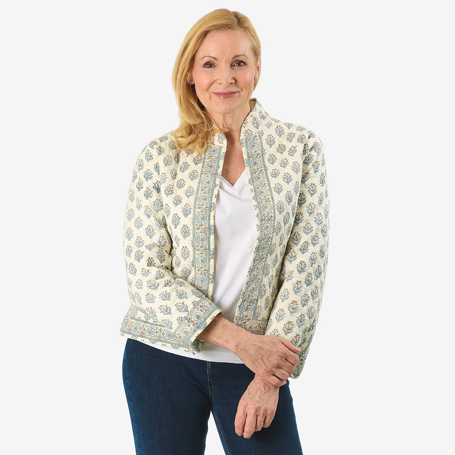 Sukriti 100% Cotton Hand Block Print Quilted Jacket (Size XL) - White Base with Blue Details