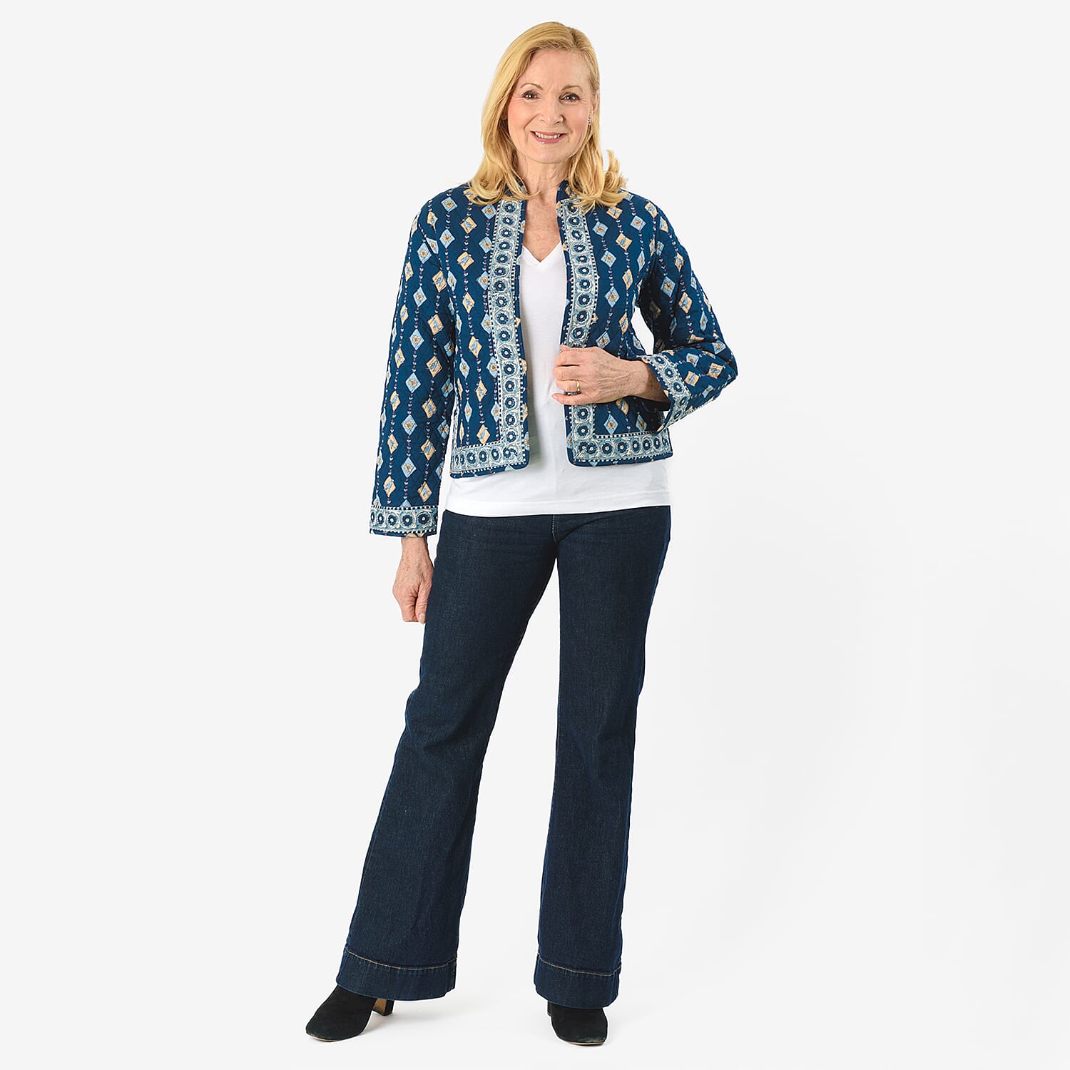 Sukriti 100% Cotton Hand Block Print Quilted Jacket (Size XXL) - Navy