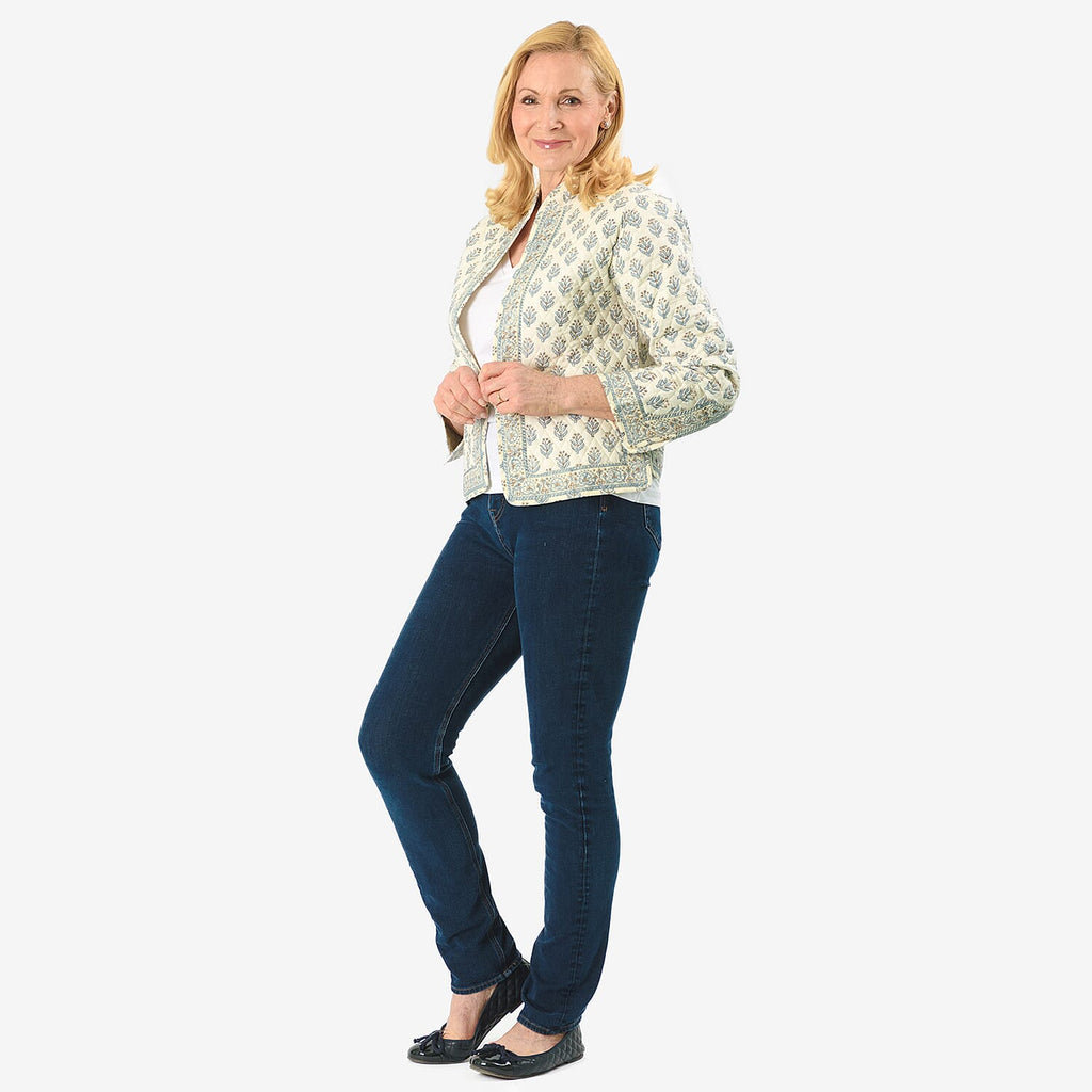 Sukriti 100% Cotton Hand Block Print Quilted Jacket (Size XXL) - White Base with Blue Details