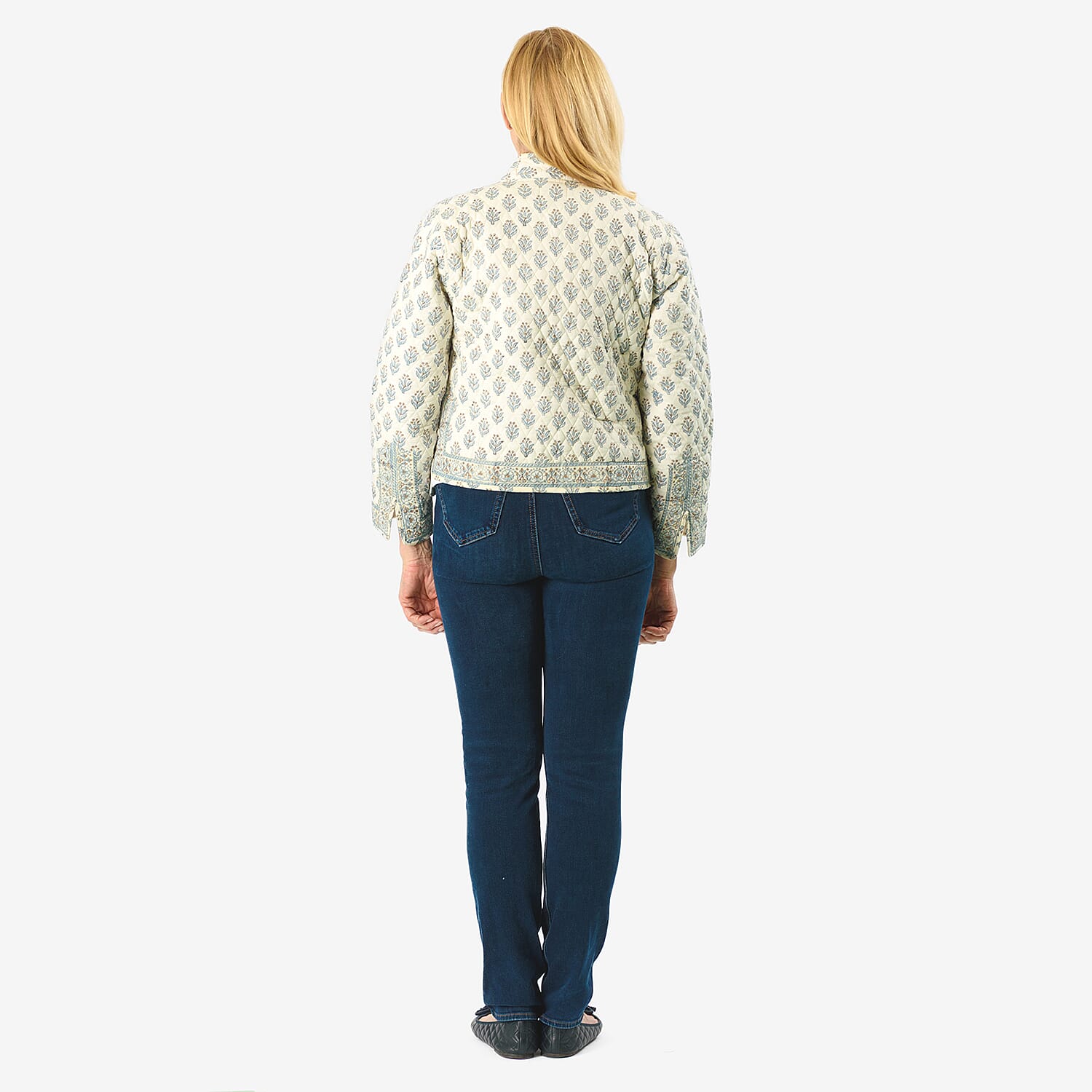 Sukriti 100% Cotton Hand Block Print Quilted Jacket (Size XXL) - White Base with Blue Details