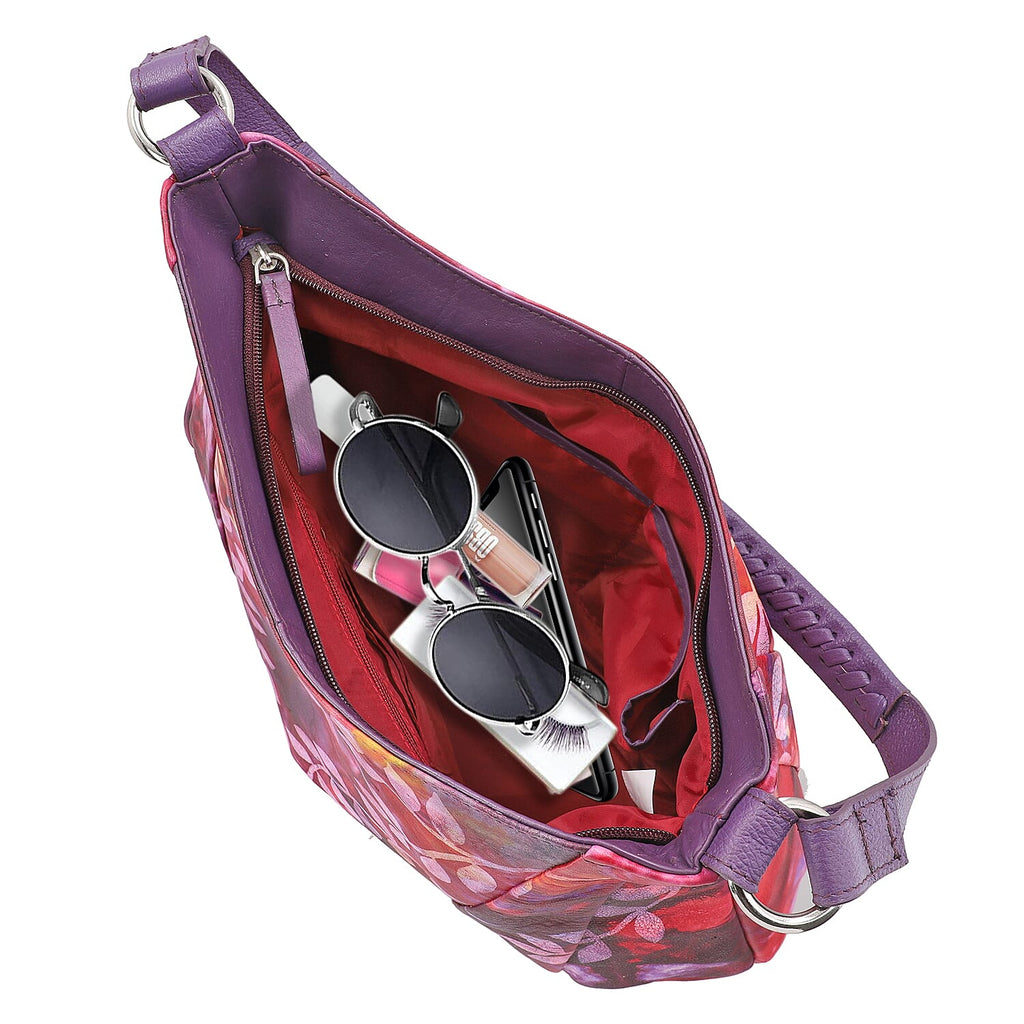 SUKRITI 100% Genuine Leather Tie Dye Leaves Print Hobo Shoulder Bag - Purple