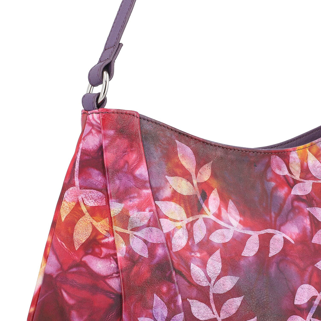SUKRITI 100% Genuine Leather Tie Dye Leaves Print Hobo Shoulder Bag - Purple