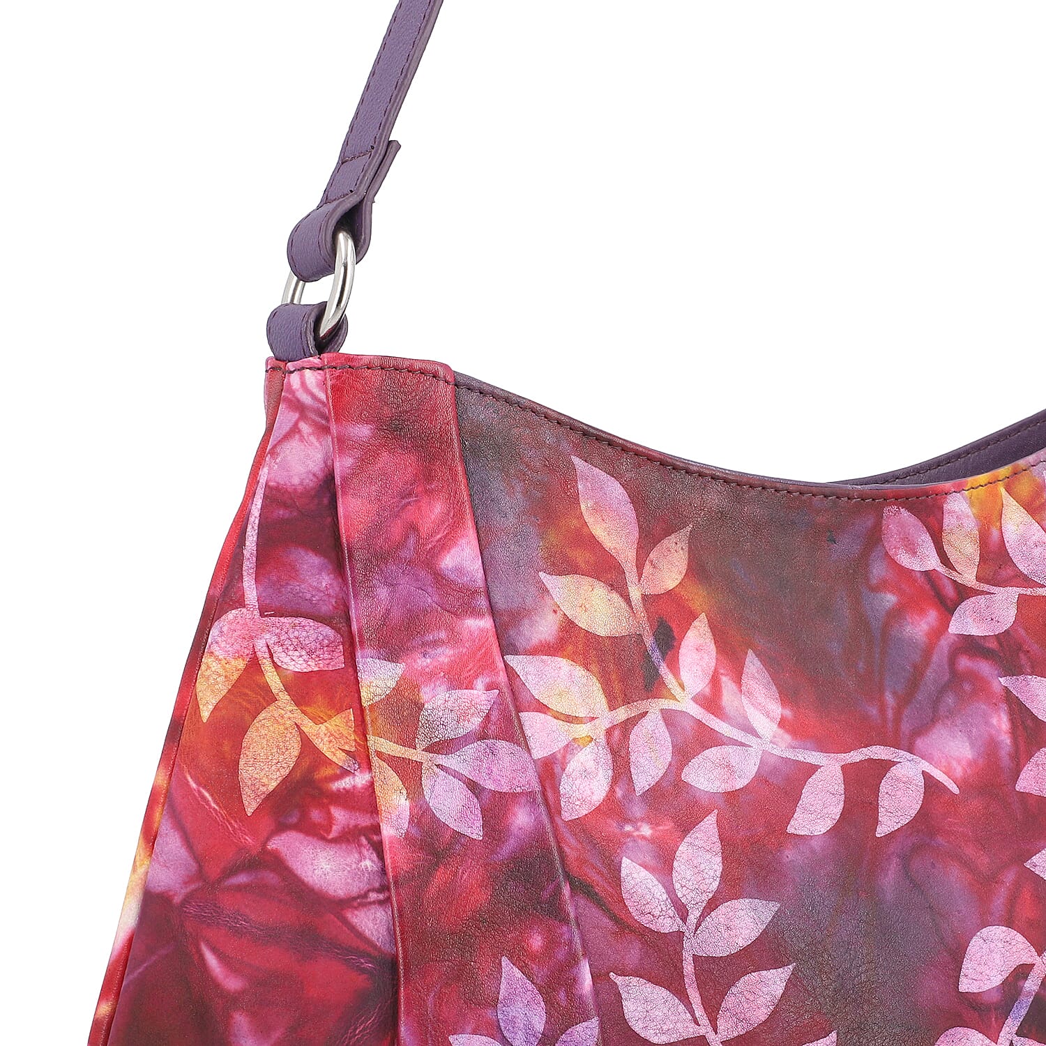 SUKRITI 100% Genuine Leather Tie Dye Leaves Print Hobo Shoulder Bag - Purple