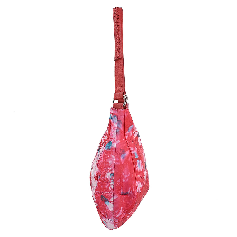 SUKRITI 100% Genuine Leather Tie Dye Floral Print Hobo Shoulder Bag - Red