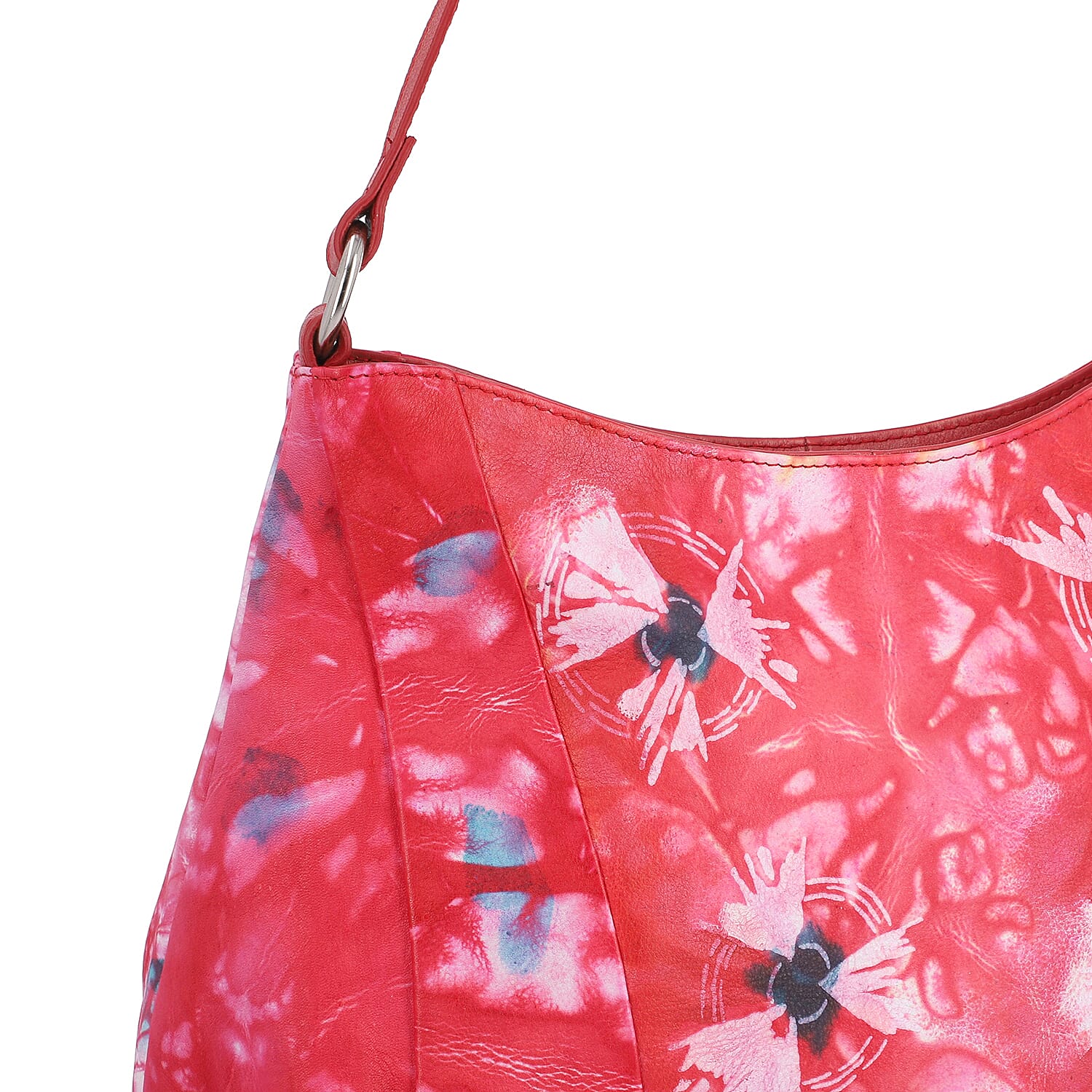 SUKRITI 100% Genuine Leather Tie Dye Floral Print Hobo Shoulder Bag - Red