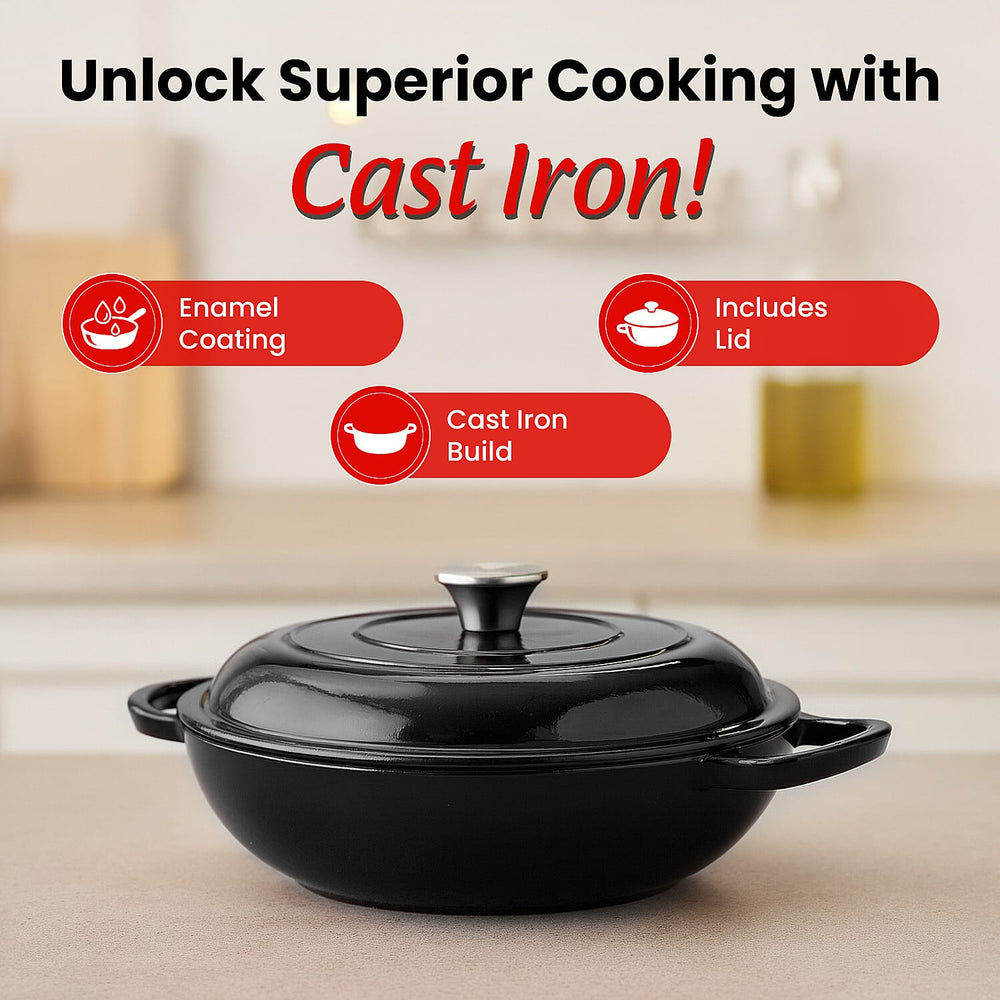 Sunnex 2.1L Shallow Cast Iron Casserole Pan with lid - Black
