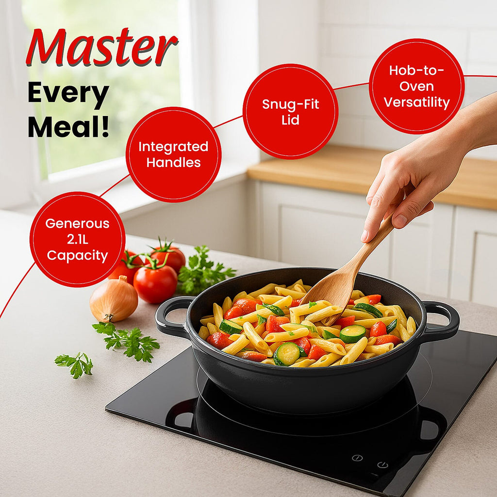 Sunnex 2.1L Shallow Cast Iron Casserole Pan with lid - Black