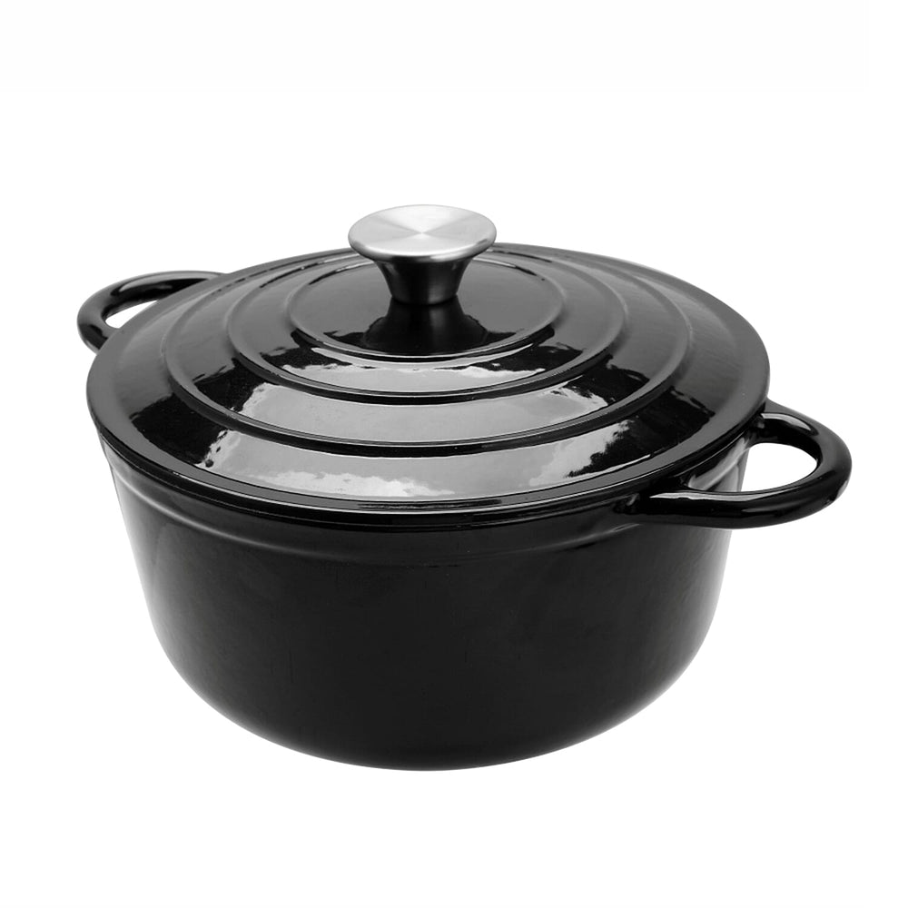 Sunnex 3.5L Round Cast Iron Casserole Pan with Lid (24 cm) - Black