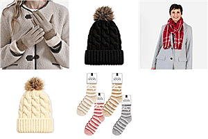 Super Saver Winter Essential Bundle -2 Pack Chunky Cable Knit Beanie Hat with Faux Fur Pom-Pom Ivory and Black,  Cashmere Wool Gloves with Touchscreen Access, Supersoft Feel Checkered Scarf and 4 Pack