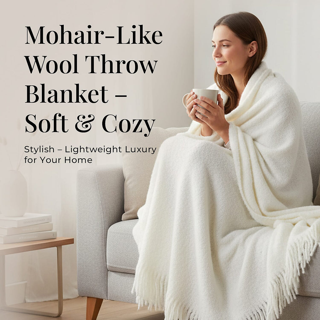 Supersoft Mohair Wool Cozy Mix Blanket with Timeless Appeal (Size 170x130 cm) - Ivory