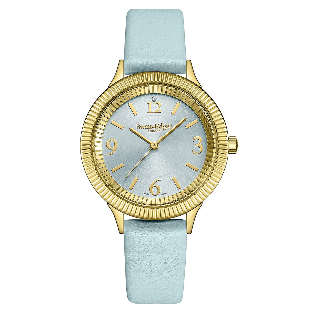 Swan - Edgar Ladies Crown Diamond Swiss Quartz Movt. Light Blue Dial 3ATM Water Resistant Watch With Light Blue Leather Strap