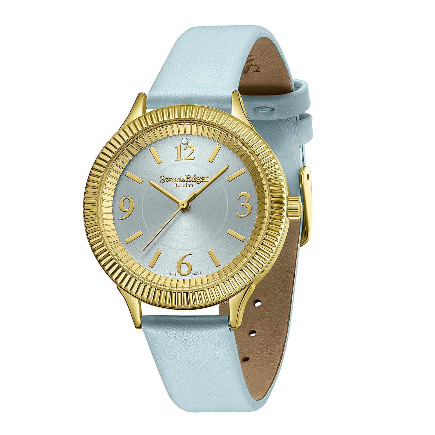 Swan - Edgar Ladies Crown Diamond Swiss Quartz Movt. Light Blue Dial 3ATM Water Resistant Watch With Light Blue Leather Strap
