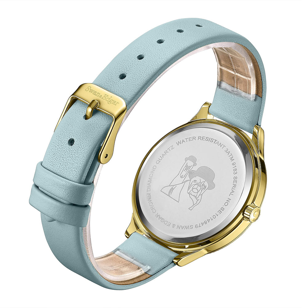 Swan - Edgar Ladies Crown Diamond Swiss Quartz Movt. Light Blue Dial 3ATM Water Resistant Watch With Light Blue Leather Strap