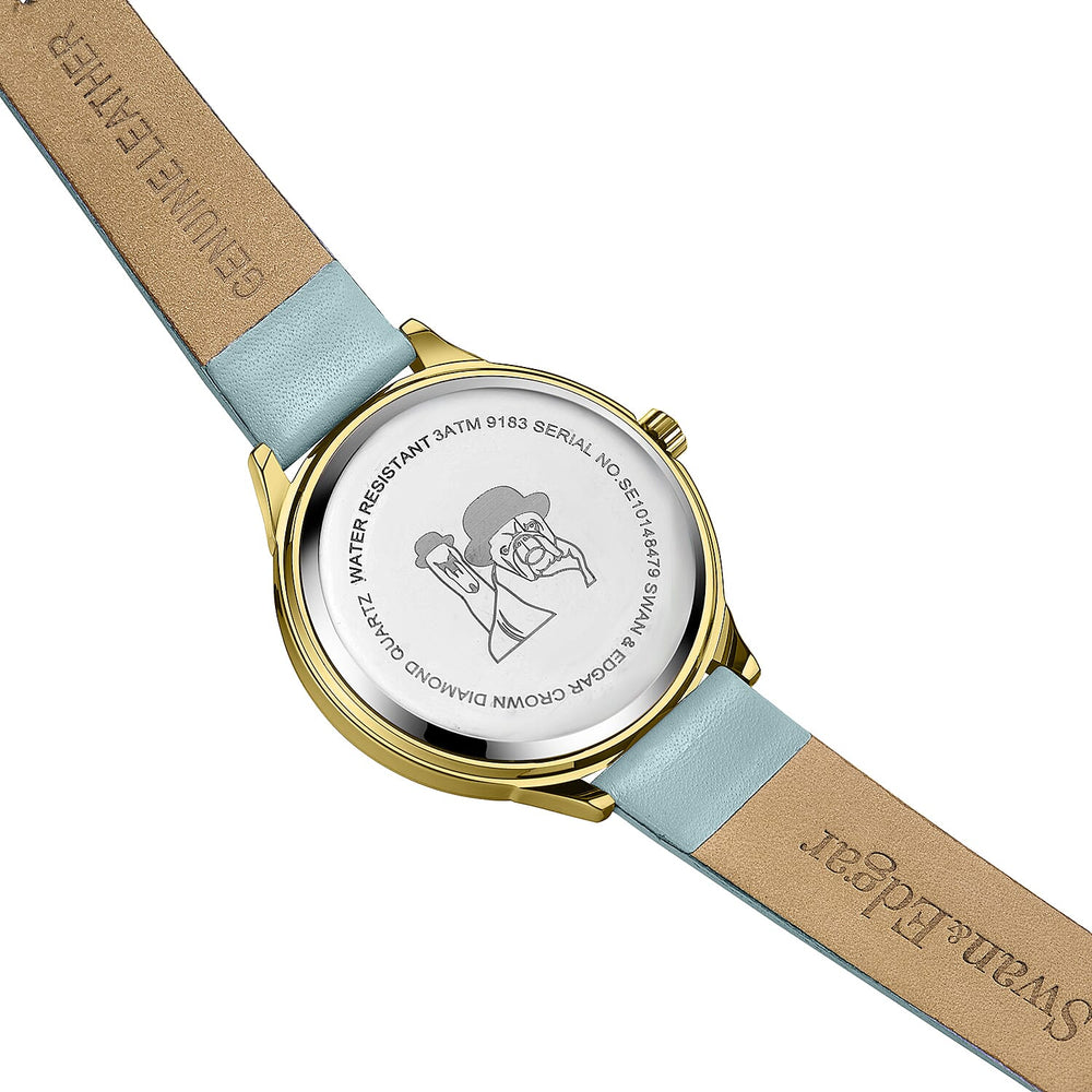 Swan - Edgar Ladies Crown Diamond Swiss Quartz Movt. Light Blue Dial 3ATM Water Resistant Watch With Light Blue Leather Strap