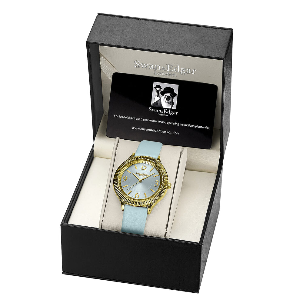 Swan - Edgar Ladies Crown Diamond Swiss Quartz Movt. Light Blue Dial 3ATM Water Resistant Watch With Light Blue Leather Strap
