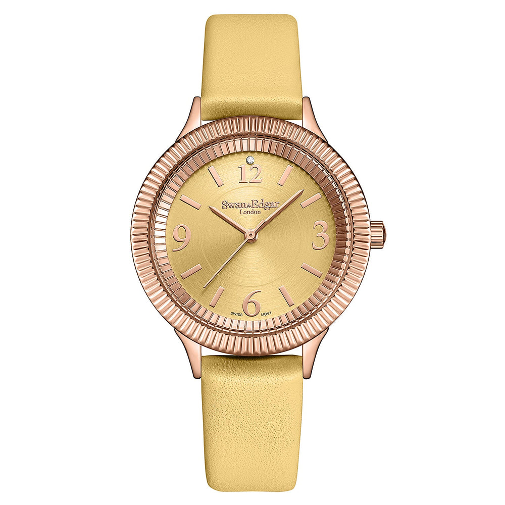Swan - Edgar Ladies Crown Diamond Swiss Quartz Movt. Yellow Gold Dial 3ATM WR Watch With Yellow Gold Leather Strap