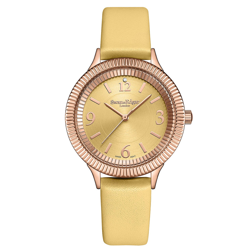 Swan - Edgar Ladies Crown Diamond Swiss Quartz Movt. Yellow Gold Dial 3ATM WR Watch With Yellow Gold Leather Strap