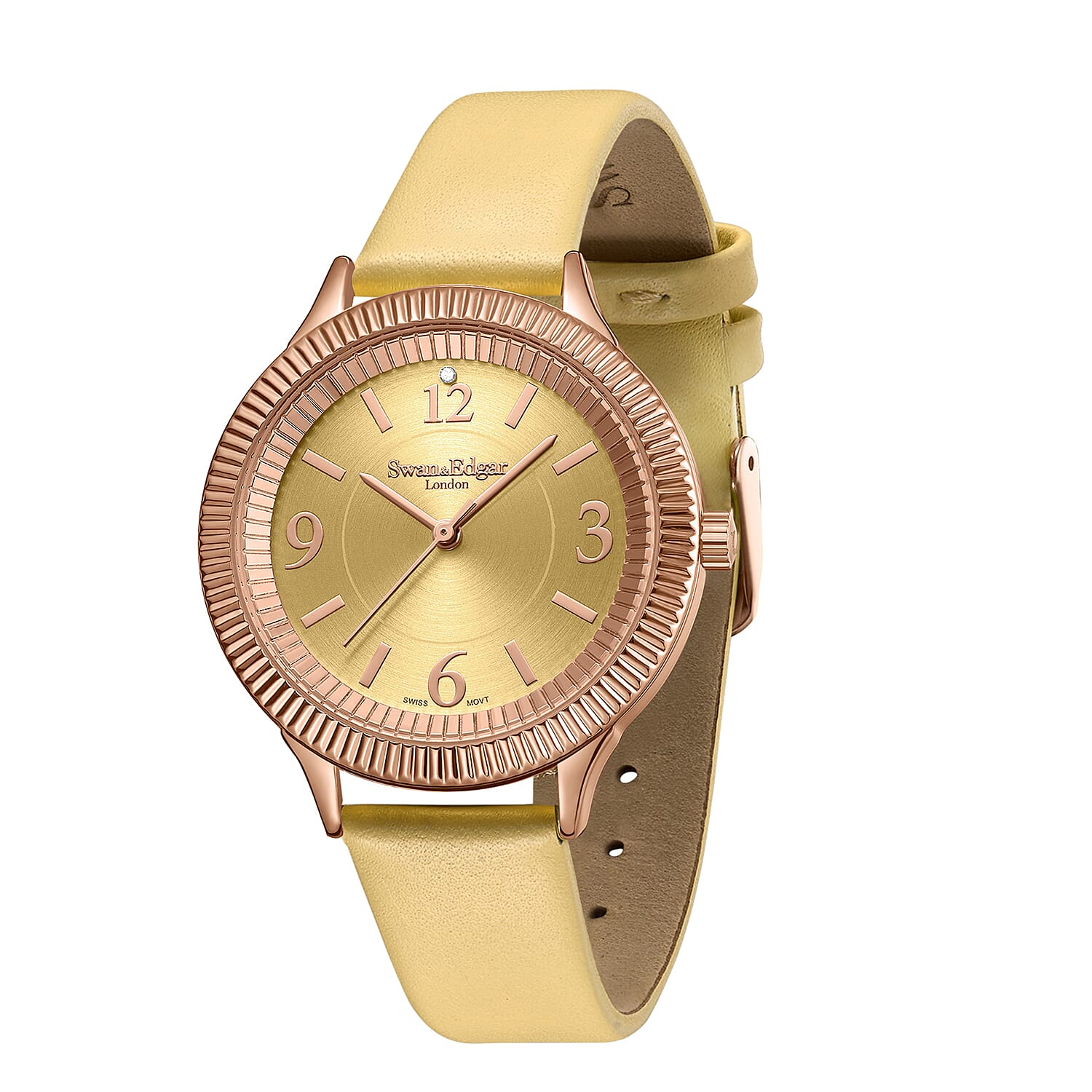 Swan - Edgar Ladies Crown Diamond Swiss Quartz Movt. Yellow Gold Dial 3ATM WR Watch With Yellow Gold Leather Strap