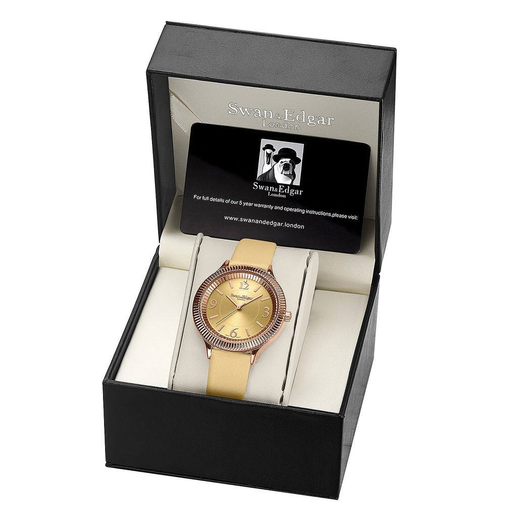 Swan - Edgar Ladies Crown Diamond Swiss Quartz Movt. Yellow Gold Dial 3ATM WR Watch With Yellow Gold Leather Strap