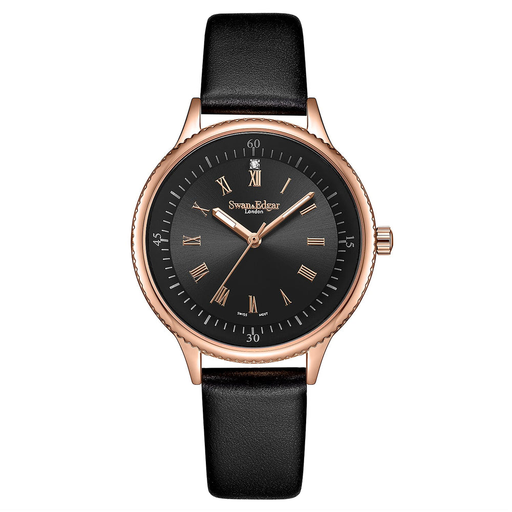 Swan - Edgar Ladies Oyster Diamond Swiss Quartz Movt. Black Dial 3ATM WR Watch With Black Leather Strap