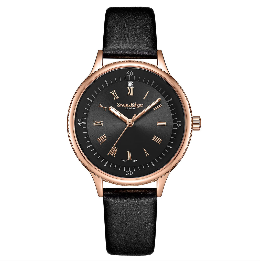 Swan - Edgar Ladies Oyster Diamond Swiss Quartz Movt. Black Dial 3ATM WR Watch With Black Leather Strap