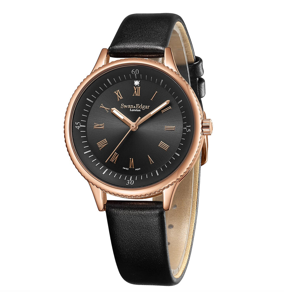 Swan - Edgar Ladies Oyster Diamond Swiss Quartz Movt. Black Dial 3ATM WR Watch With Black Leather Strap