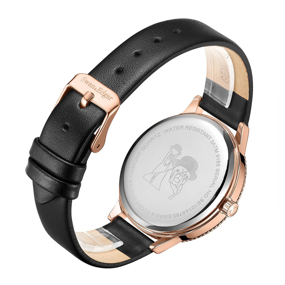 Swan - Edgar Ladies Oyster Diamond Swiss Quartz Movt. Black Dial 3ATM WR Watch With Black Leather Strap
