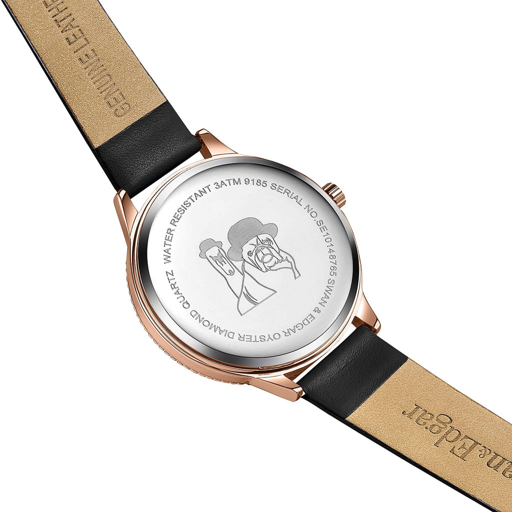 Swan - Edgar Ladies Oyster Diamond Swiss Quartz Movt. Black Dial 3ATM WR Watch With Black Leather Strap