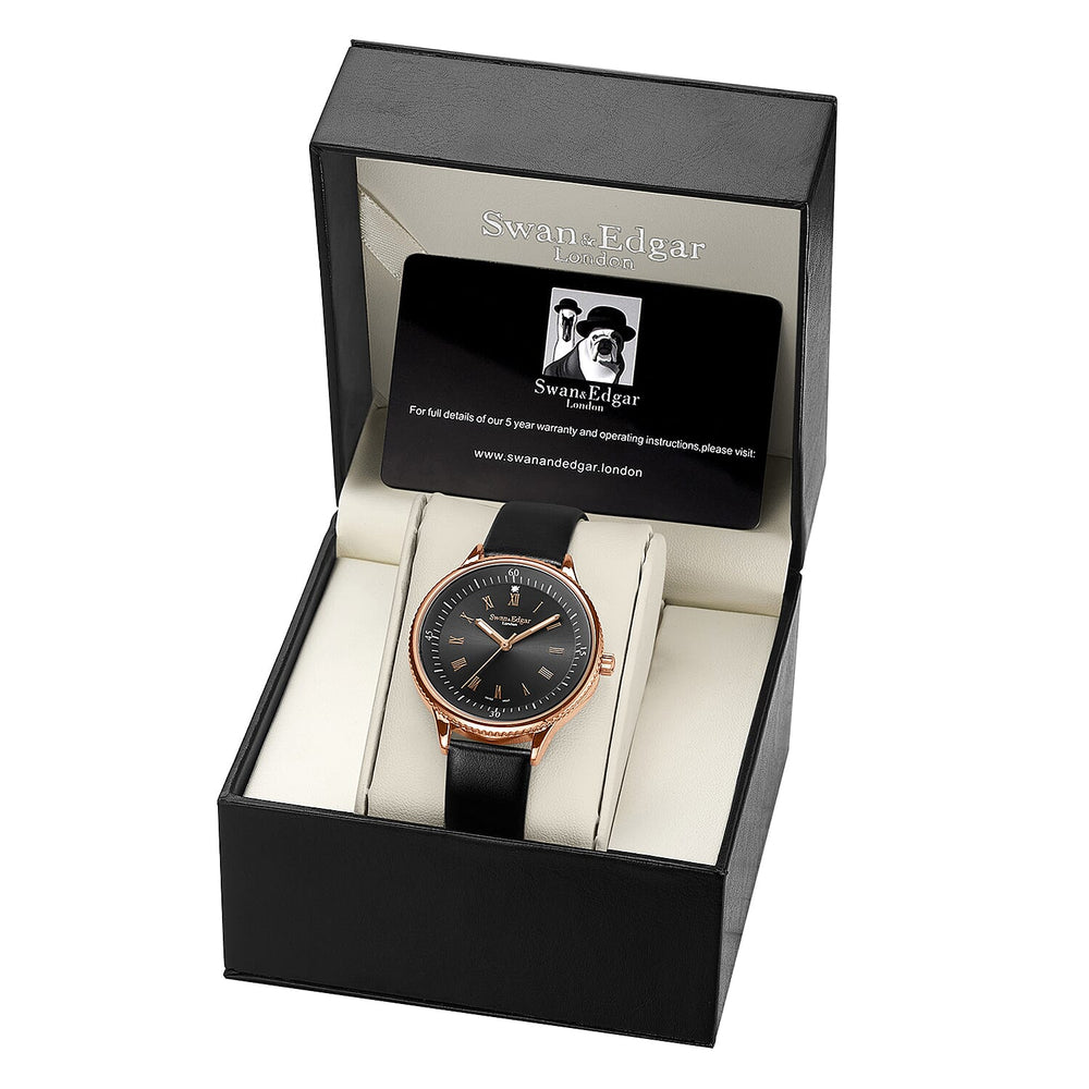 Swan - Edgar Ladies Oyster Diamond Swiss Quartz Movt. Black Dial 3ATM WR Watch With Black Leather Strap