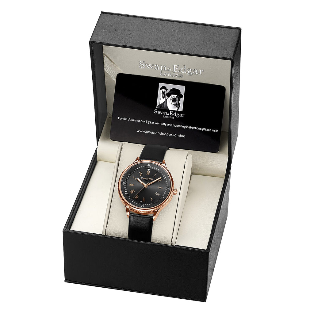 Swan - Edgar Ladies Oyster Diamond Swiss Quartz Movt. Black Dial 3ATM WR Watch With Black Leather Strap