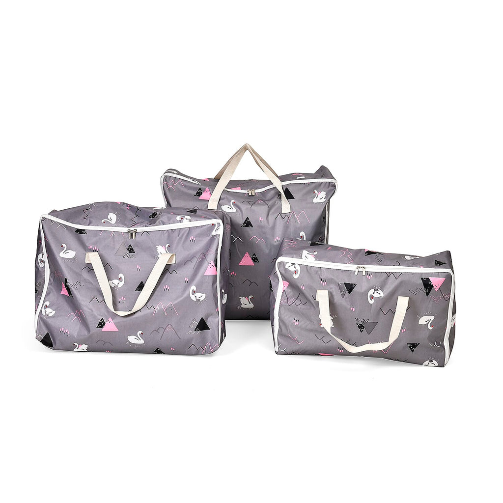 Set of 3 Swan Pattern Storage Bags - Grey