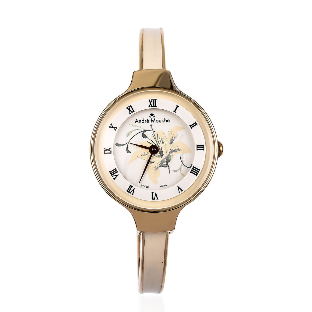Andre Mouche Swiss Ronda Movement The Gracia Gold White 18Kt Gold Plated Ladies Bangle Watch (Size 7 - 7.5) in Gold Tone