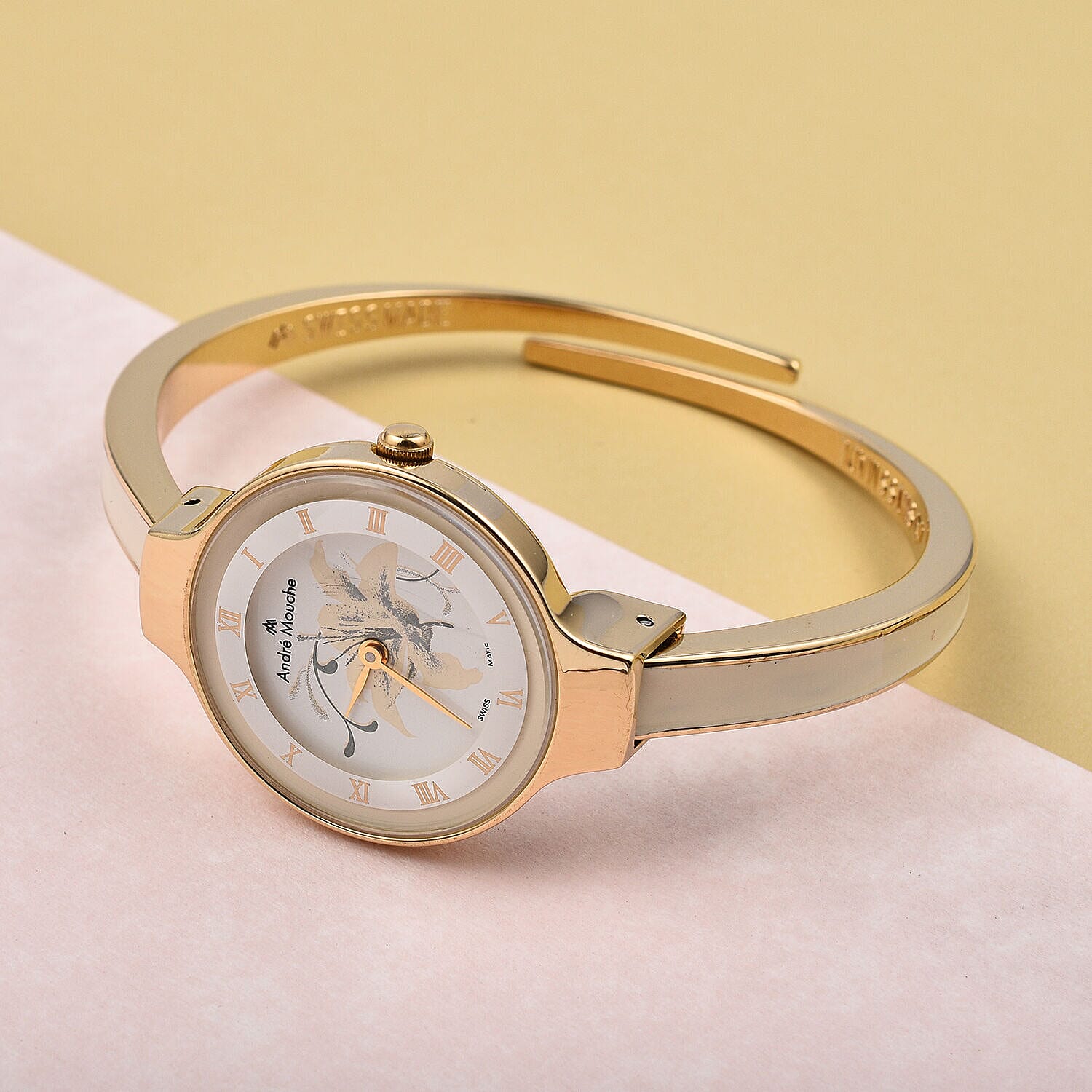 Andre Mouche Swiss Ronda Movement The Gracia Gold White 18Kt Gold Plated Ladies Bangle Watch (Size 7 - 7.5) in Gold Tone
