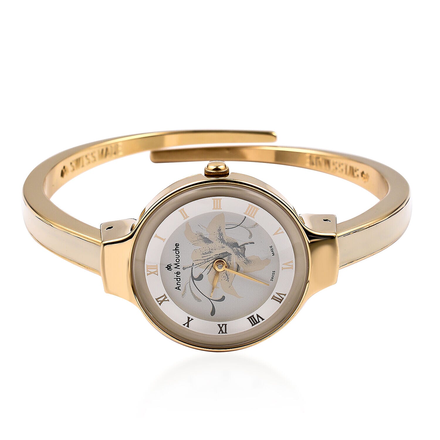 Andre Mouche Swiss Ronda Movement The Gracia Gold White 18Kt Gold Plated Ladies Bangle Watch (Size 7 - 7.5) in Gold Tone