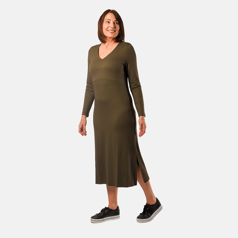 V - Neck Long Sleeves Midi Dress with Pocket (Size M) - Olive Green