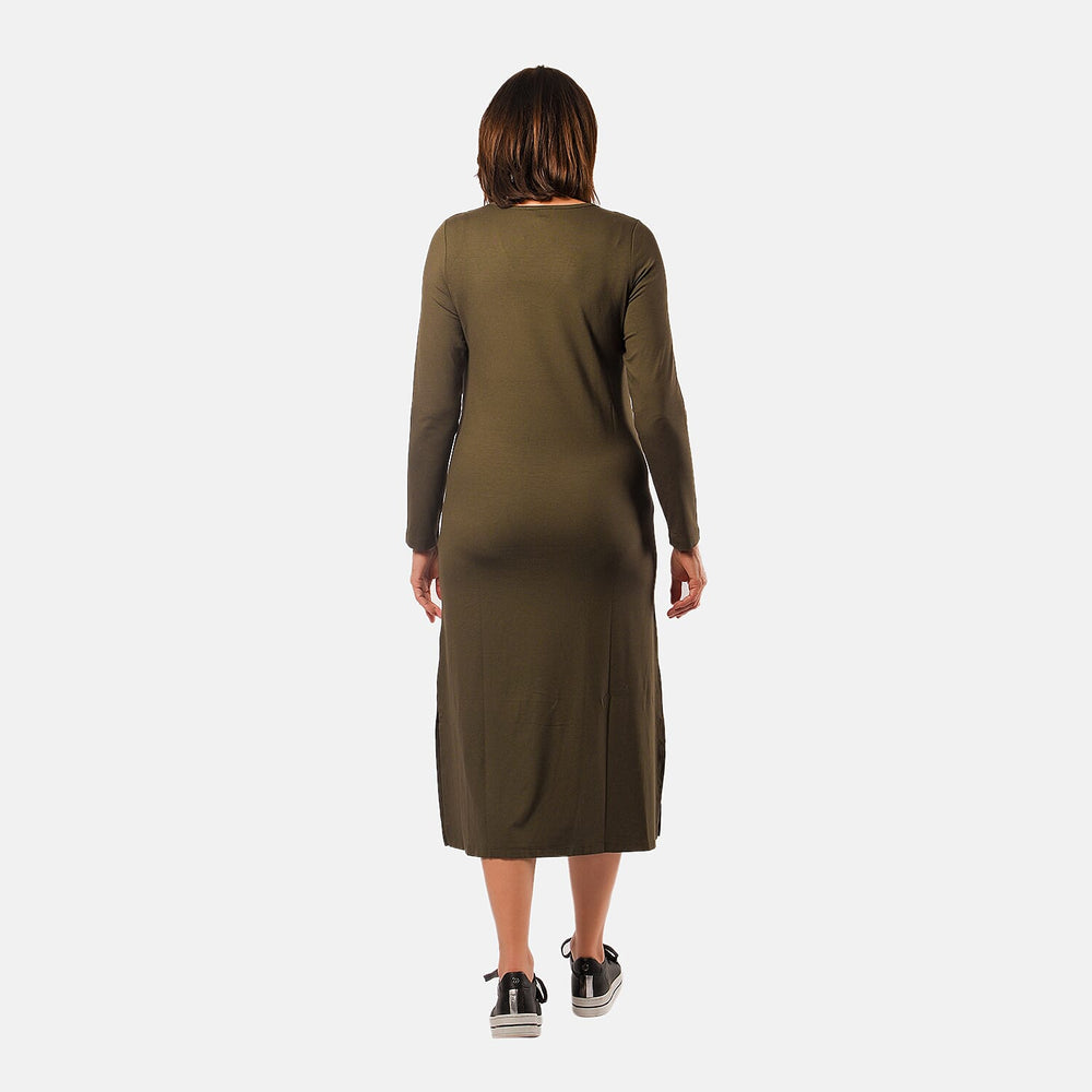 V - Neck Long Sleeves Midi Dress with Pocket (Size M) - Olive Green