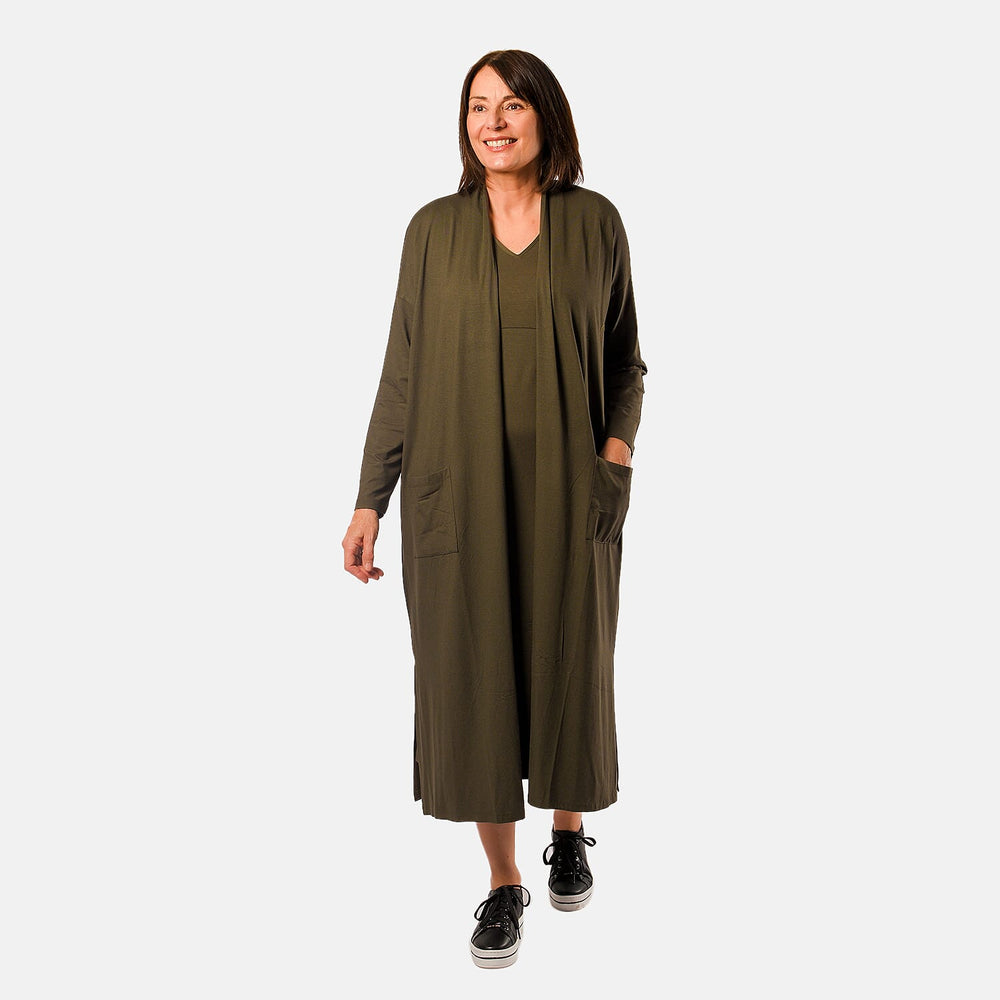 V - Neck Long Sleeves Midi Dress with Pocket (Size M) - Olive Green
