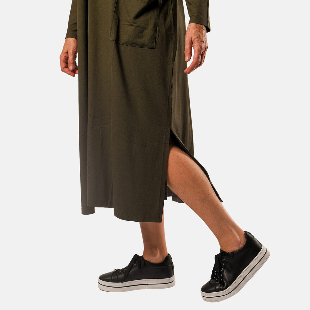 V - Neck Long Sleeves Midi Dress with Pocket (Size M) - Olive Green
