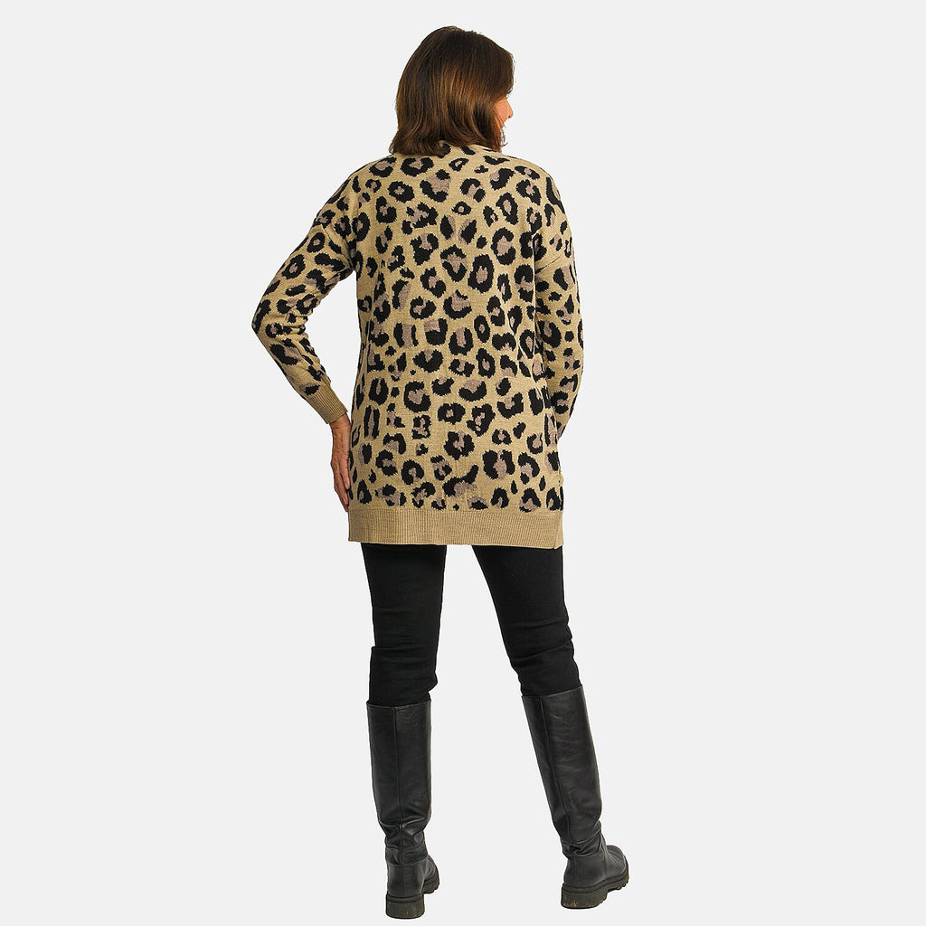 TAMSY 100% Acrylic Leopard Print Cardigan (Size L) - Grey and Black