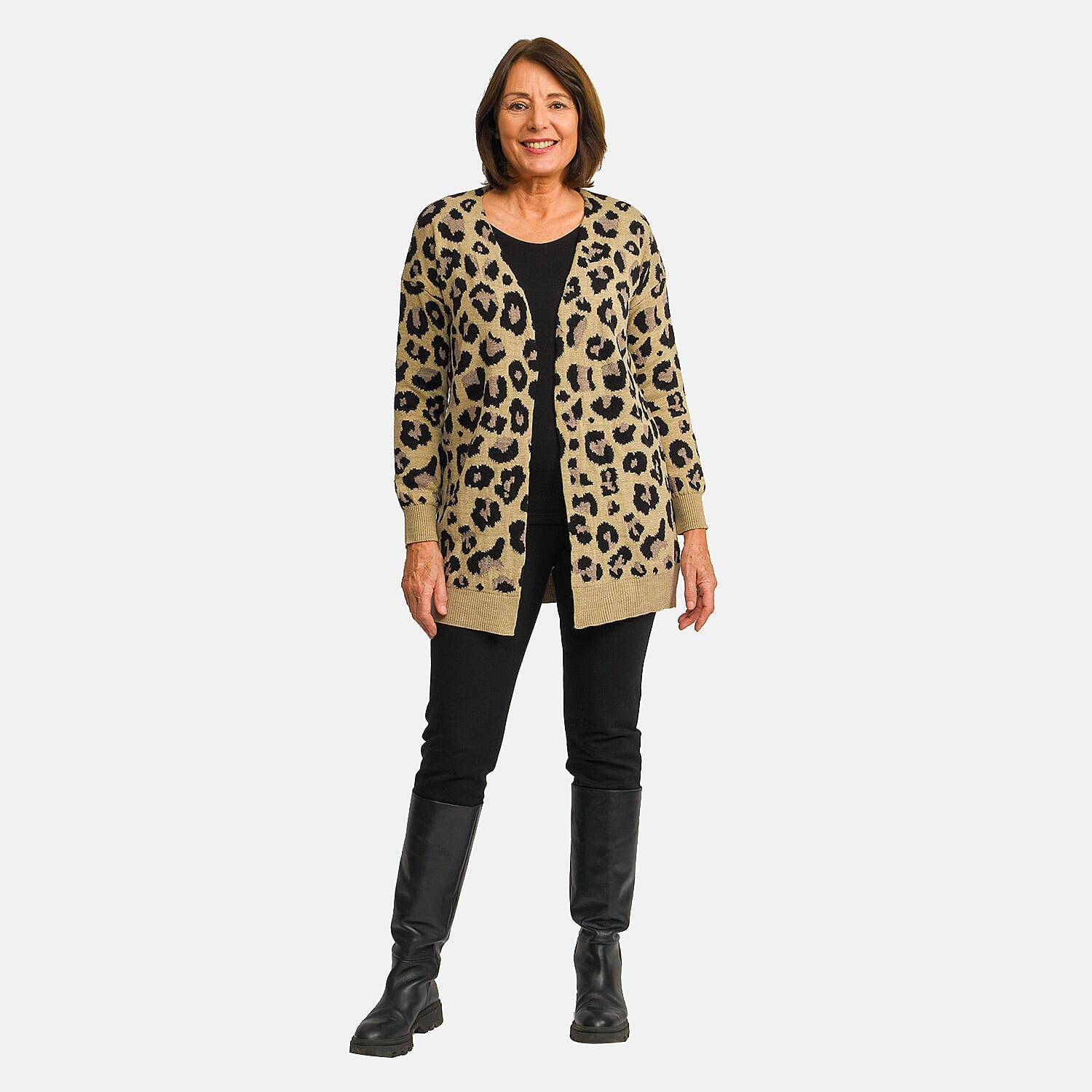 TAMSY 100% Acrylic Leopard Print Cardigan (Size M) - Grey and Black