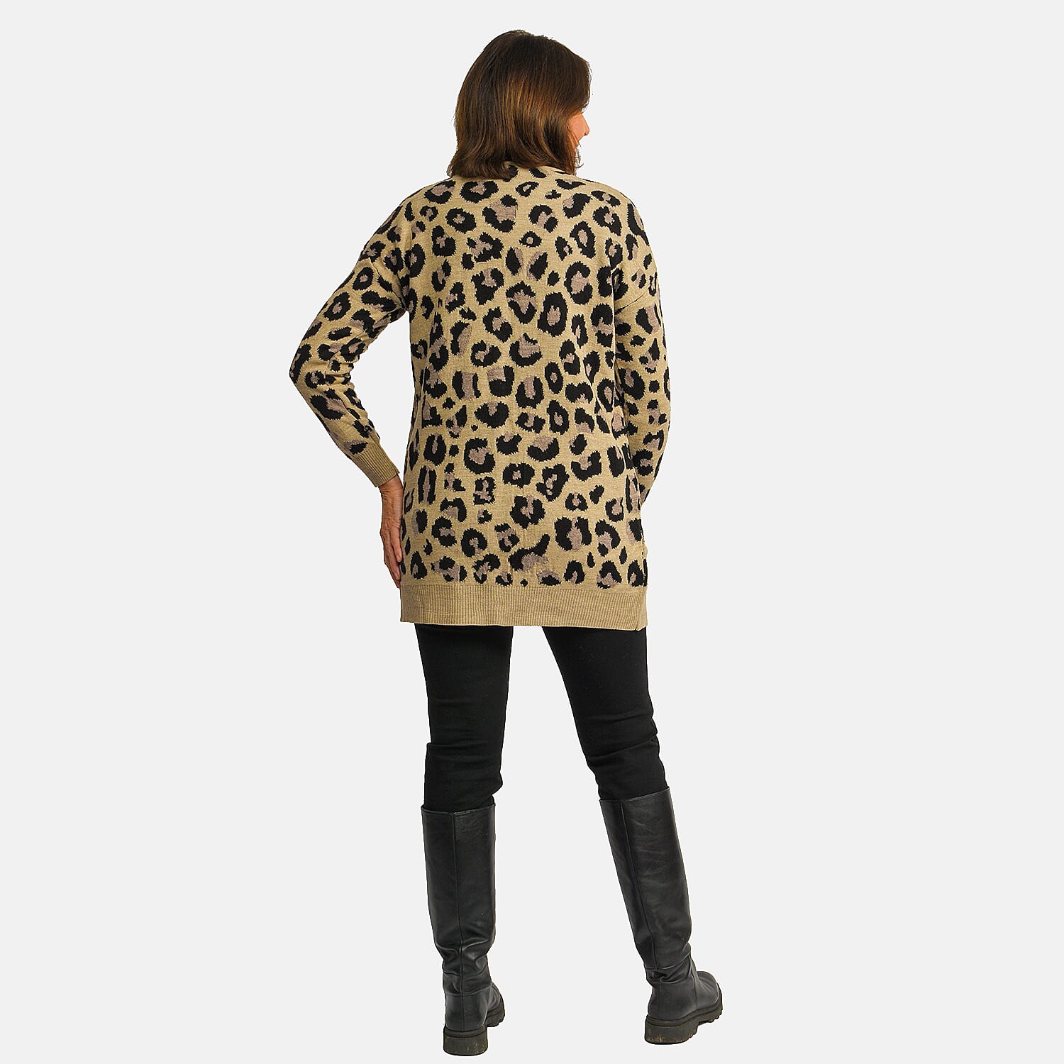 TAMSY 100% Acrylic Leopard Print Cardigan (Size XL) - Grey and Black
