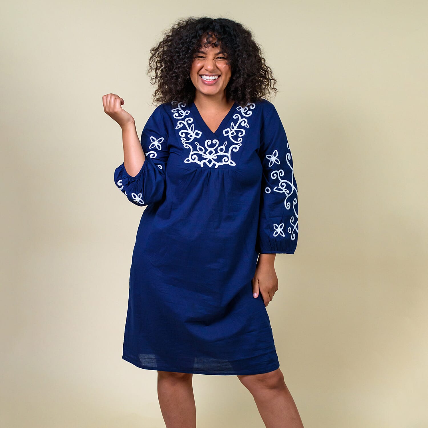 TAMSY 100% Cotton Embroidered V Neck Dress (Size S-M) - Blue