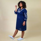 TAMSY 100% Cotton Embroidered V Neck Dress (Size S-M) - Blue