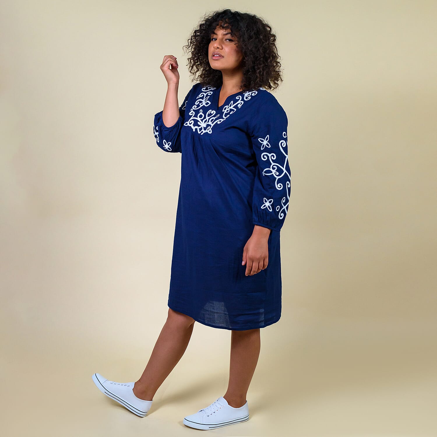 TAMSY 100% Cotton Embroidered V Neck Dress (Size S-M) - Blue