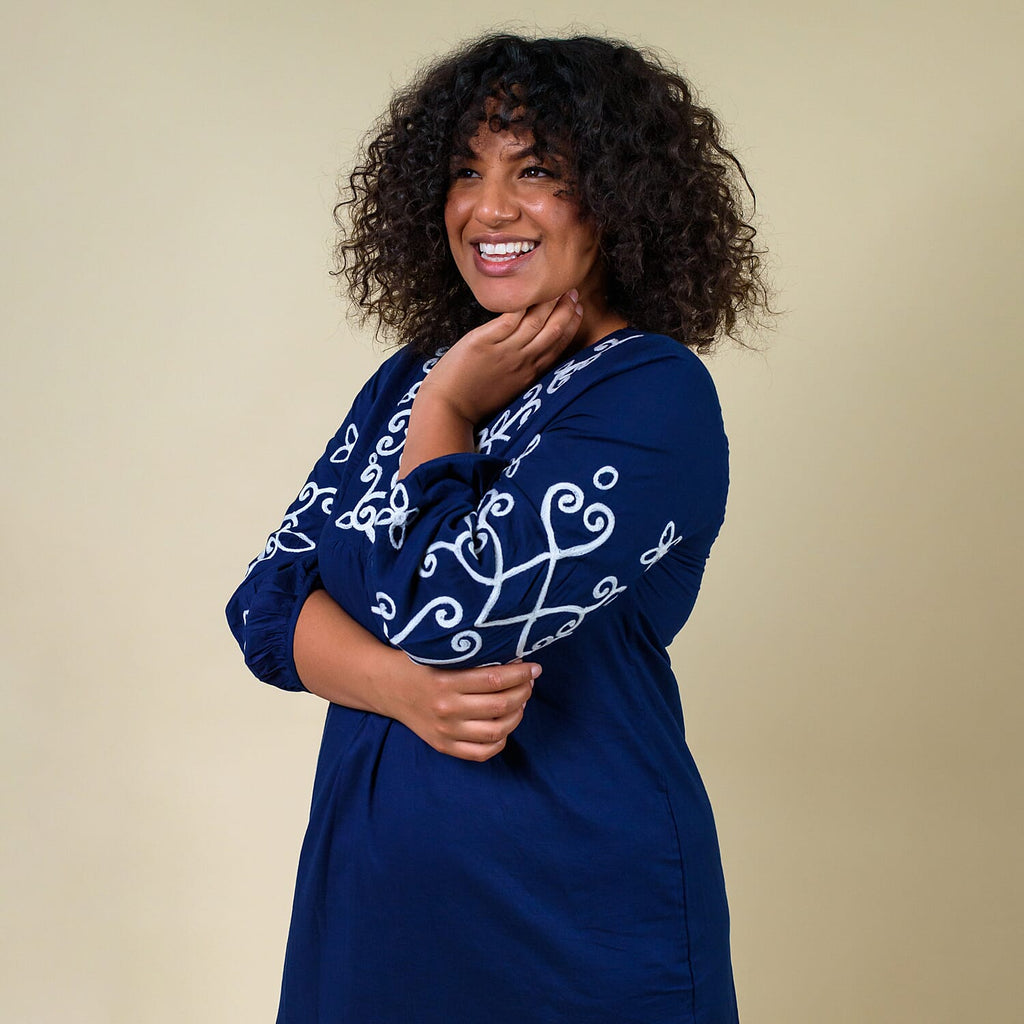 TAMSY 100% Cotton Embroidered V Neck Dress (Size S-M) - Blue